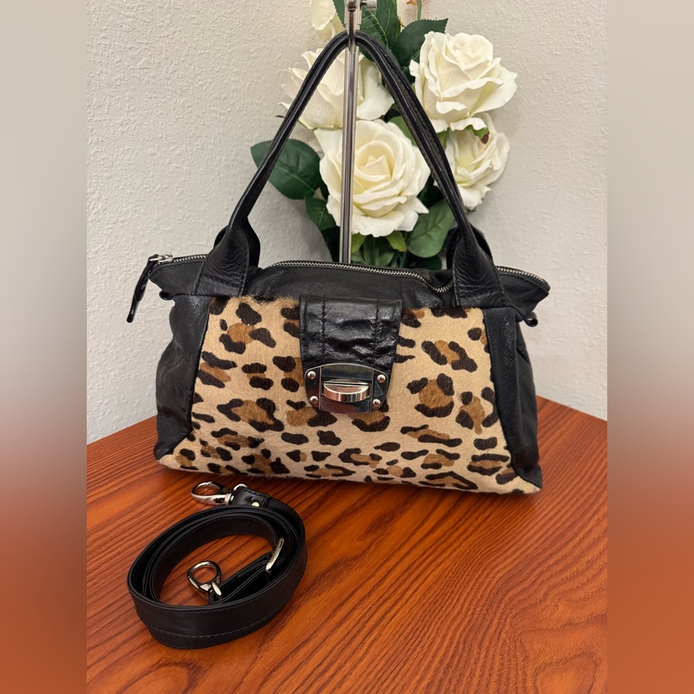 Black and Brown Leopard Print Satchel with Leather Accents calf hair